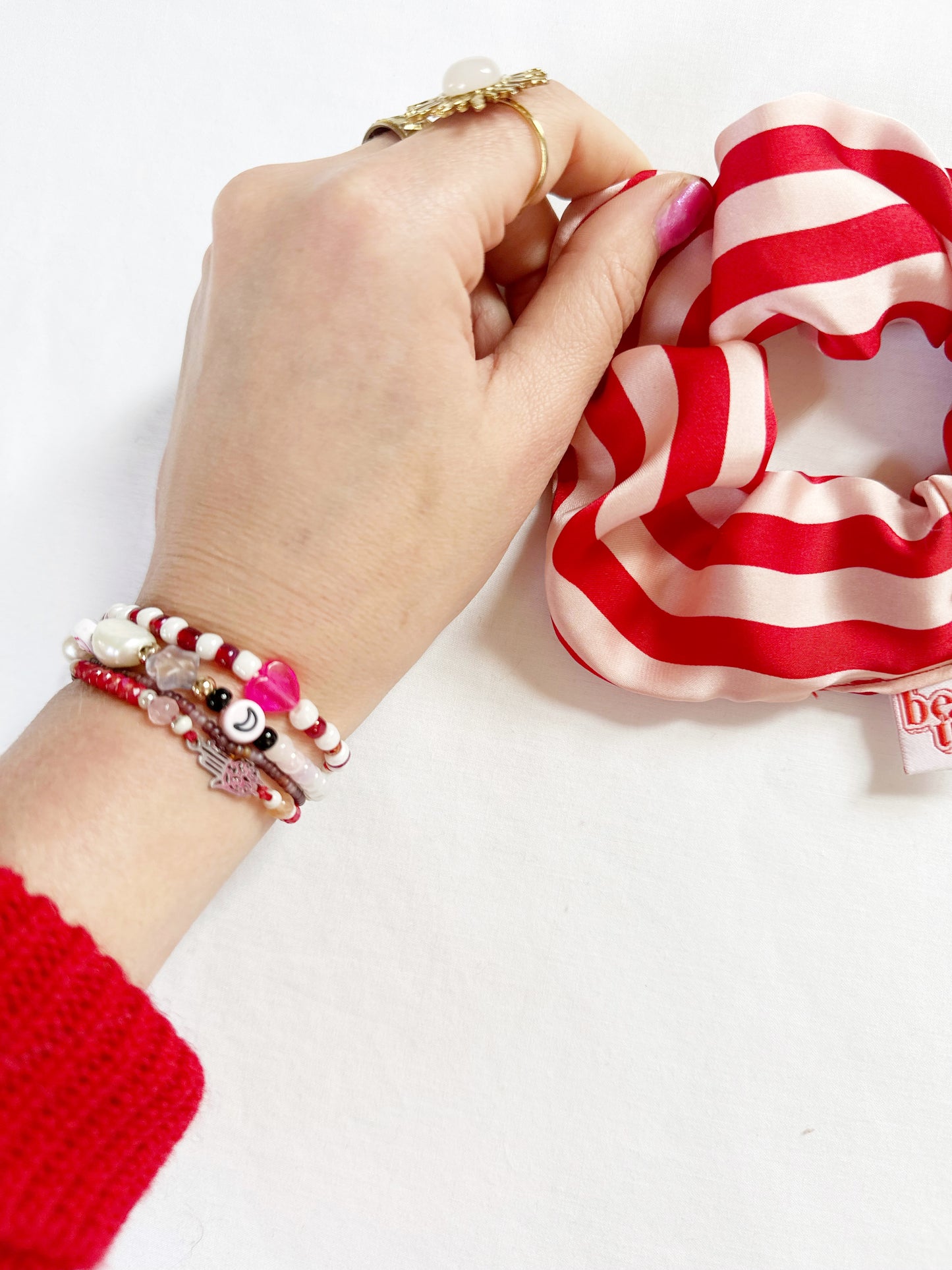 OG scrunchie in red and pink stripe silky