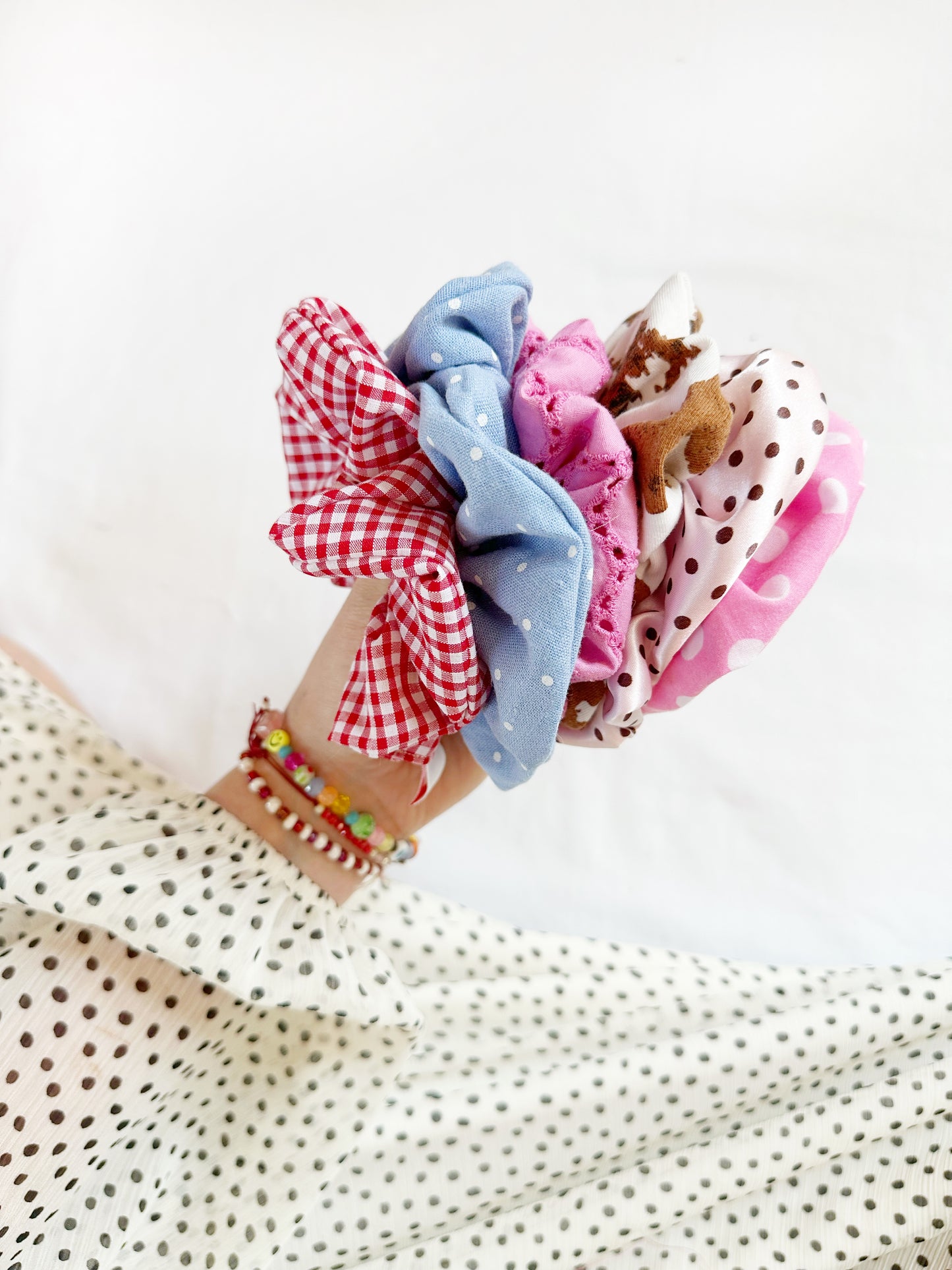 OG scrunchie in vintage pink polka dot