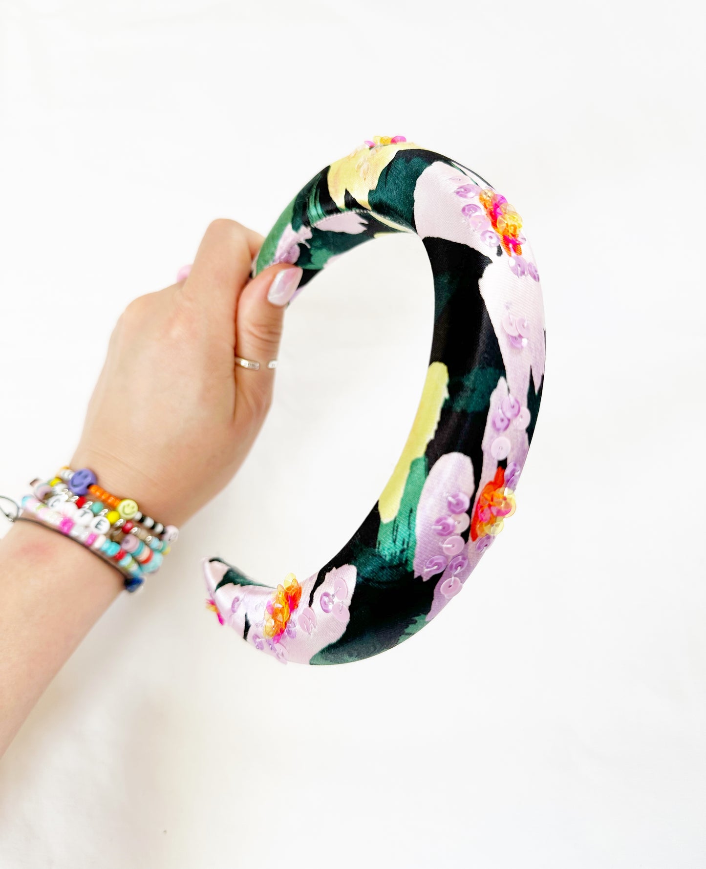 The Kate - Padded Headband in floral silky sequinned