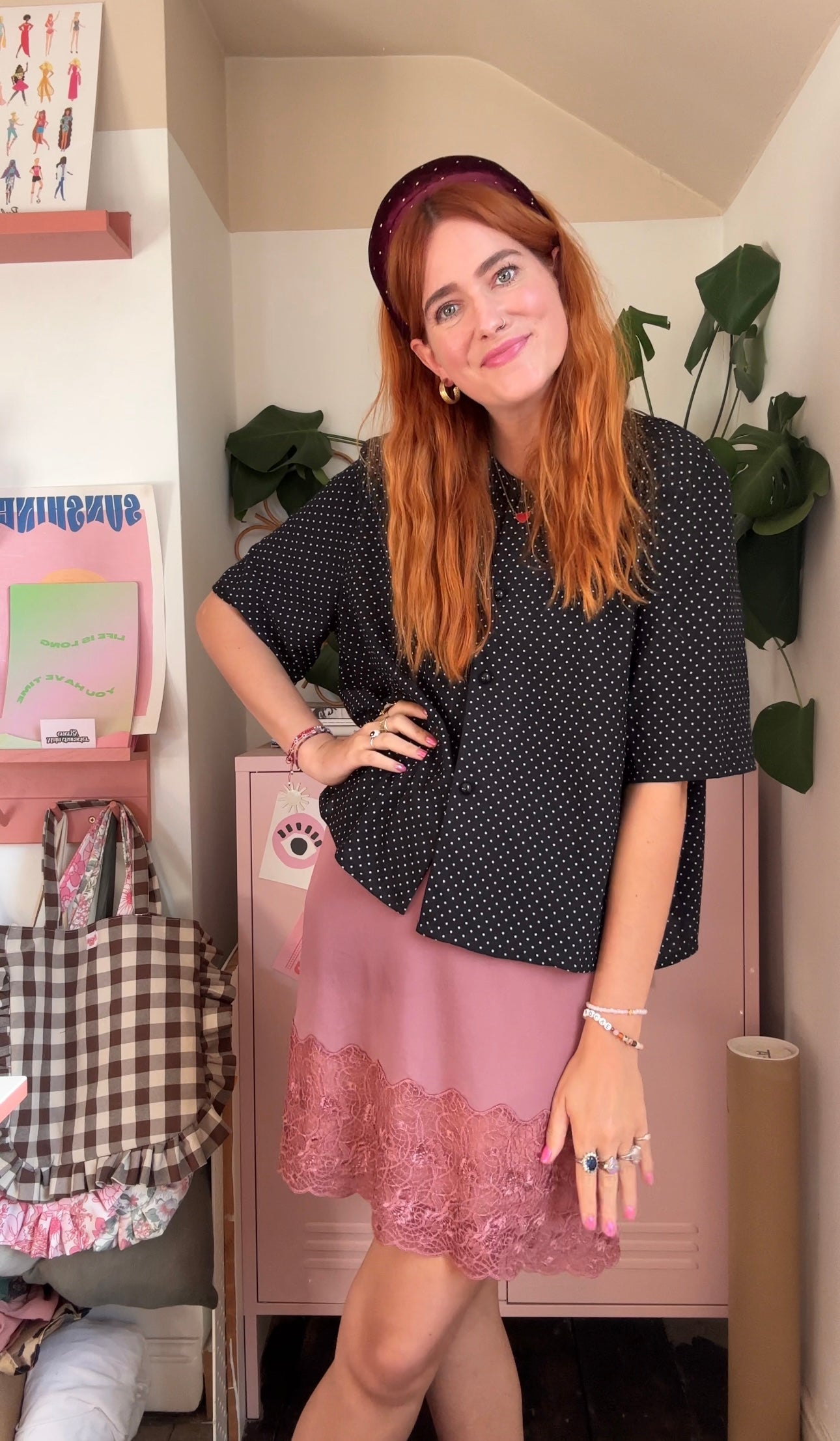 Padded Headband in burgundy gold stud velvet