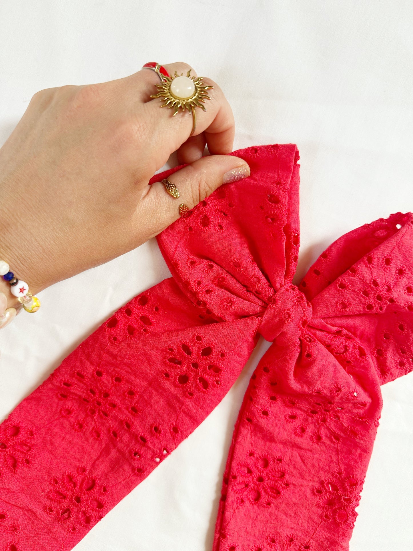 The Power Hair Bow in Red broderie anglaise