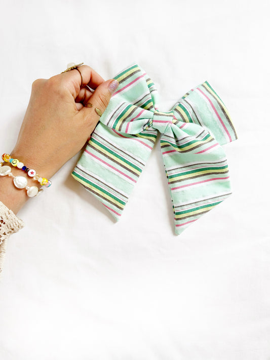 Beau hair bow in mint beach stripes