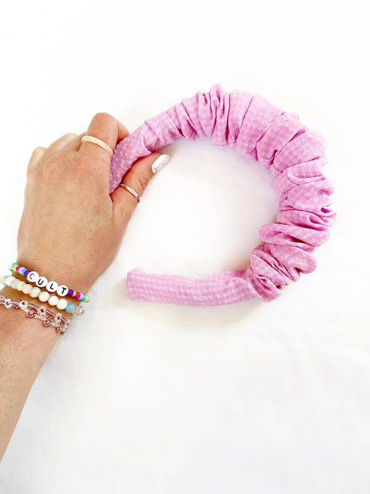 Ruffle Headband in pink seersucker gingham