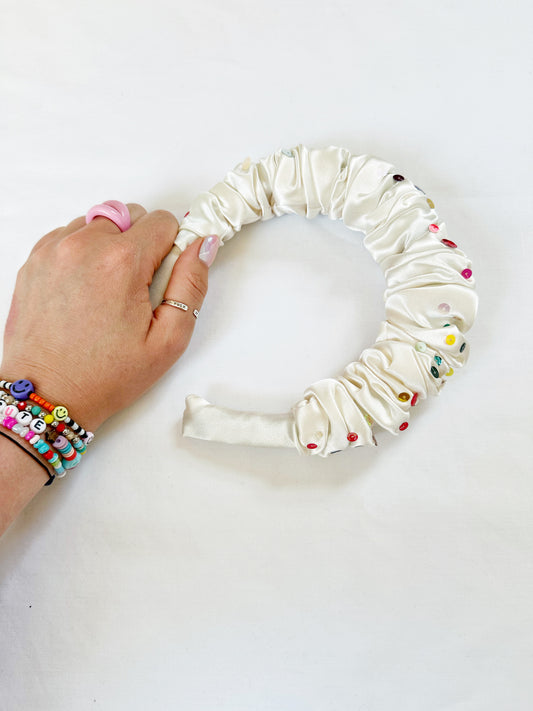 The Confetti - Ruffle Headband in ivory silk with mixed colour sequins
