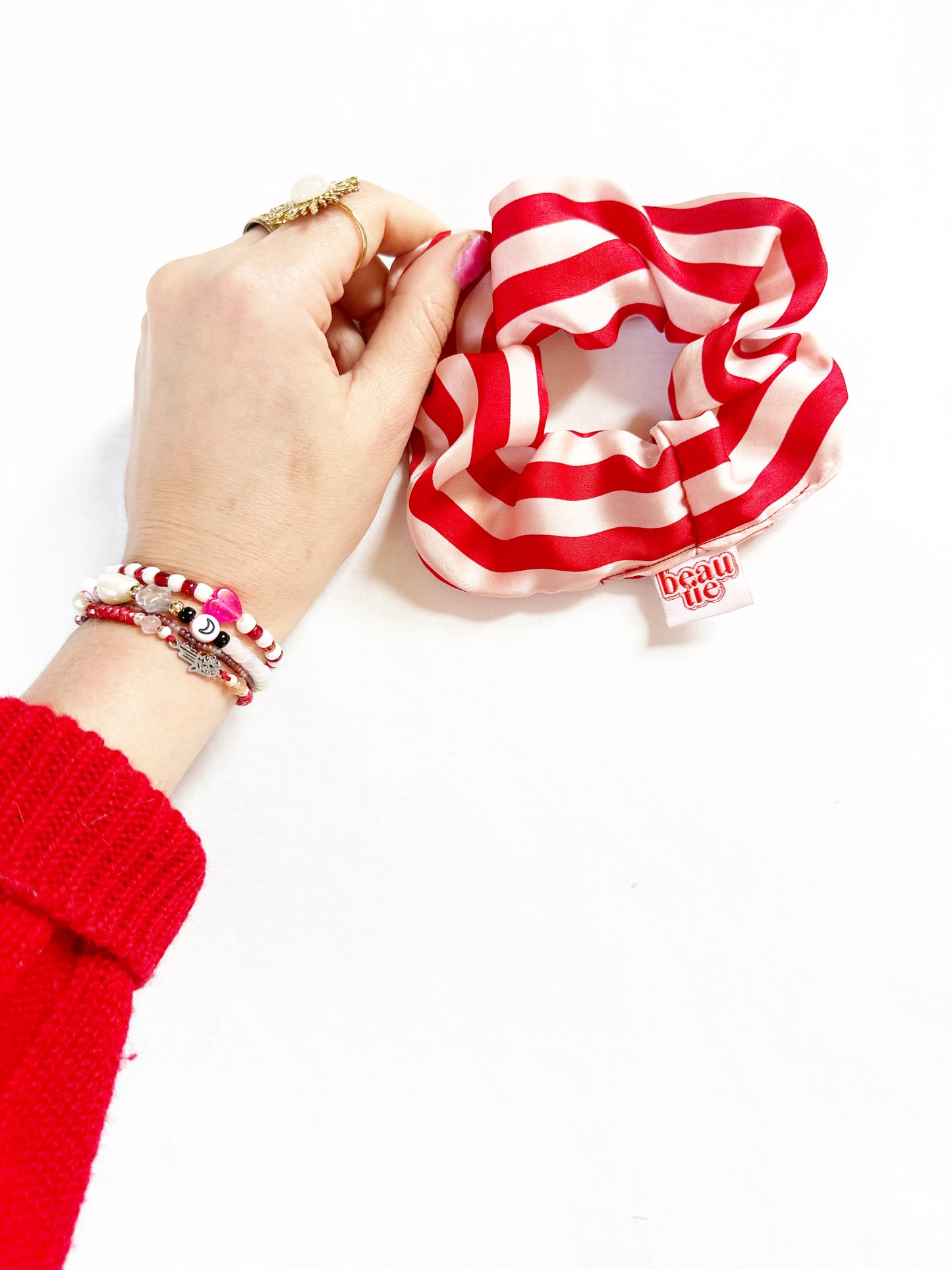 OG scrunchie in red and pink stripe silky