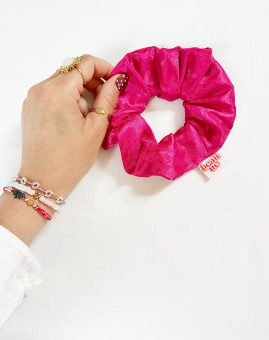 OG scrunchie in hot pink silky floral