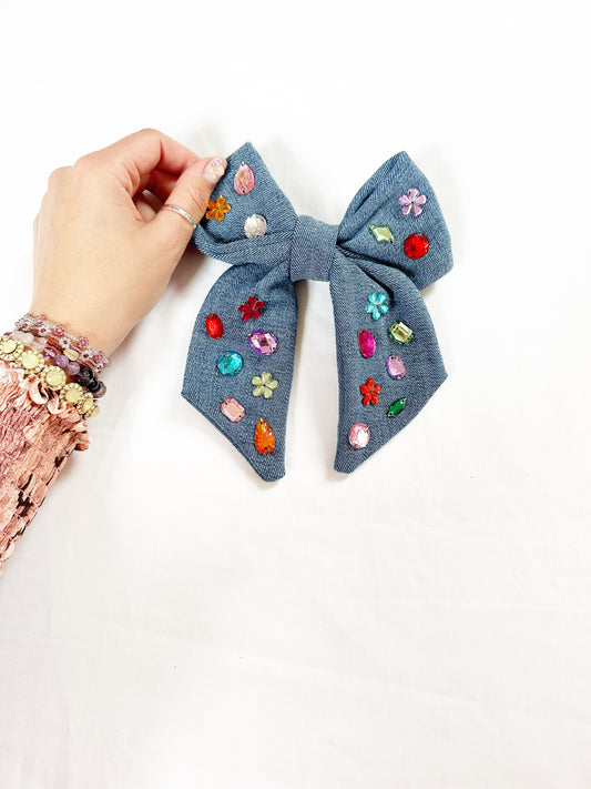 Hair Bow in bejewelled denim