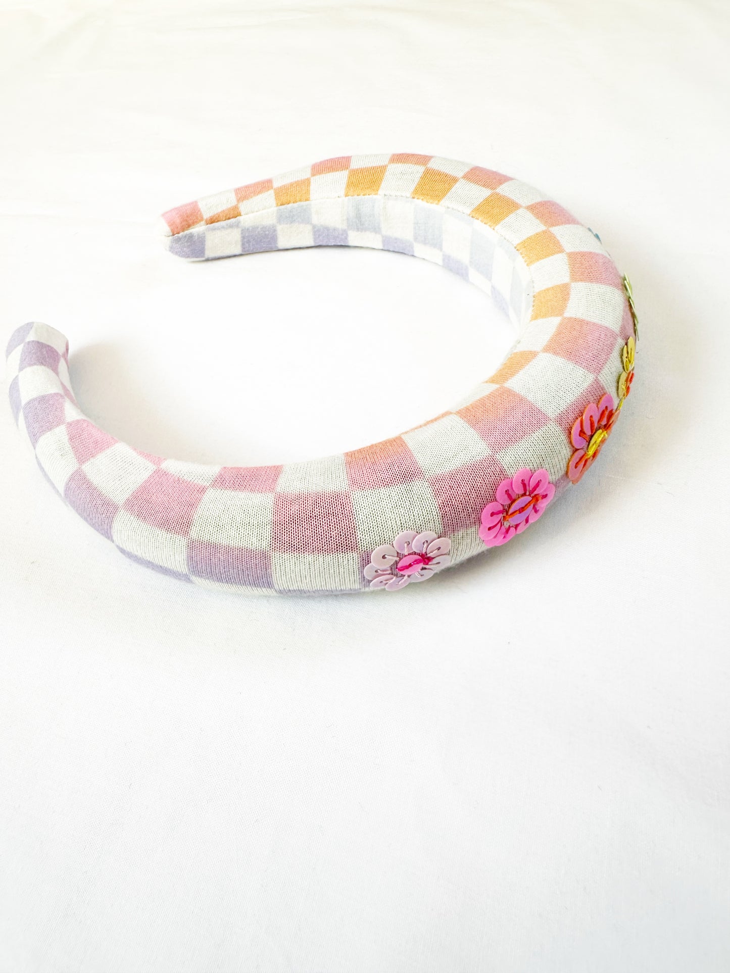 Flower Power - Padded Headband in check print with flower sequins