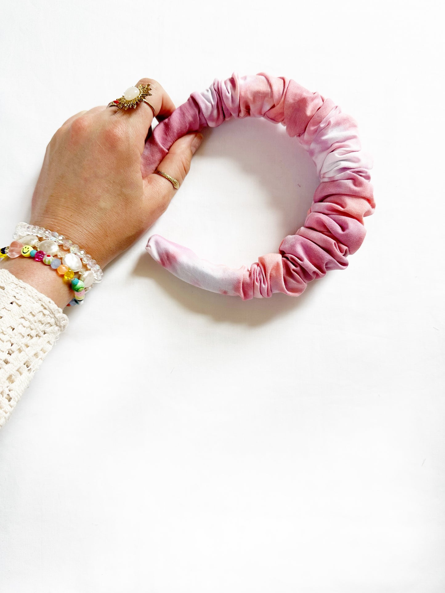 Ruffle Headband in pink tie dye cotton