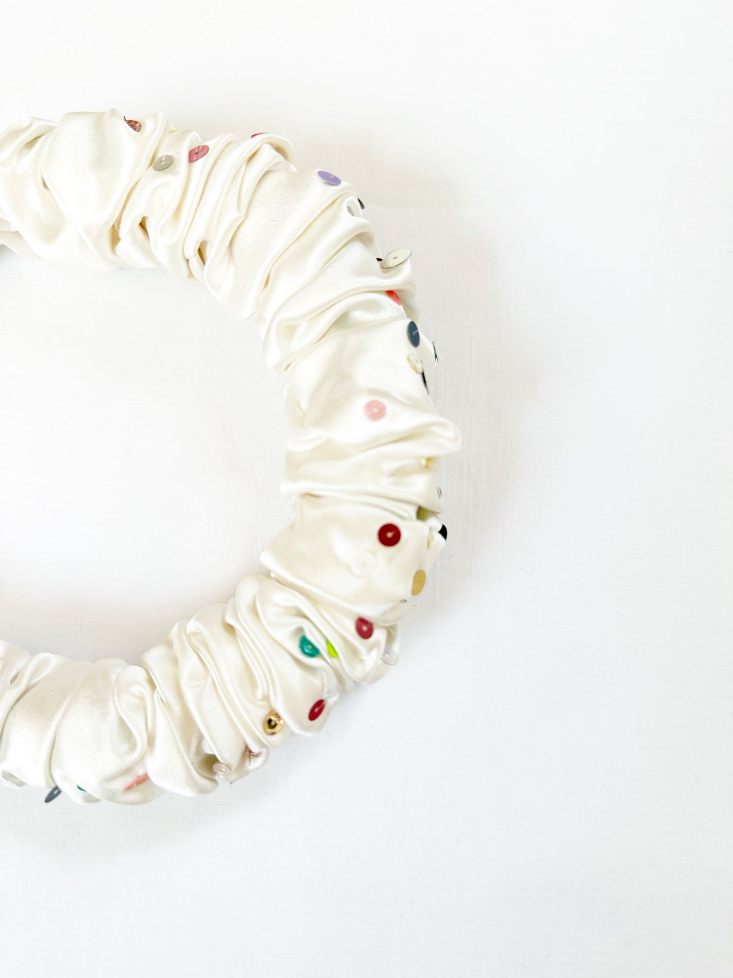 The Confetti - Ruffle Headband in ivory silk with mixed colour sequins