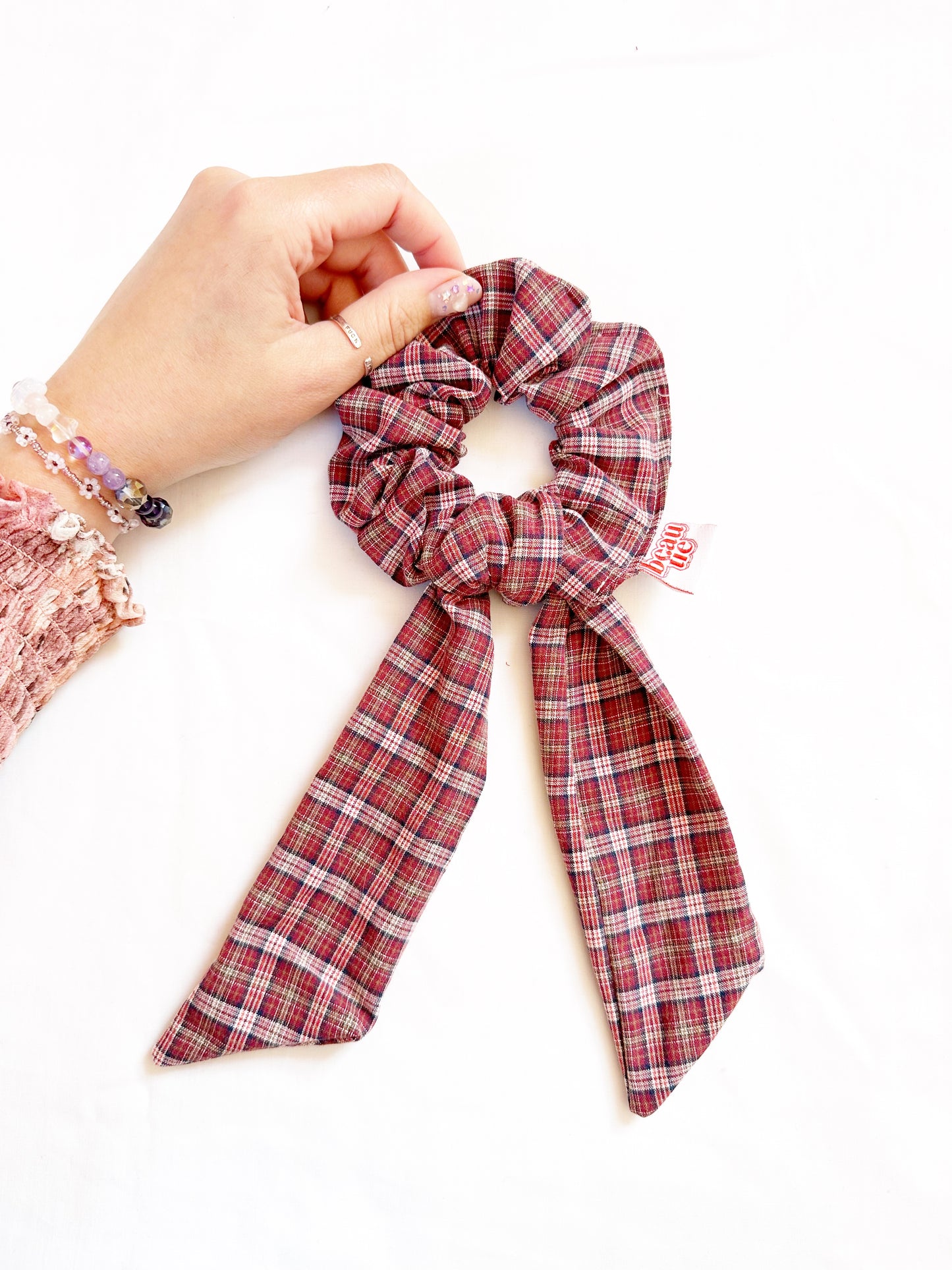 Dolly scarf scrunchie in tartan cotton, in mini or regular.