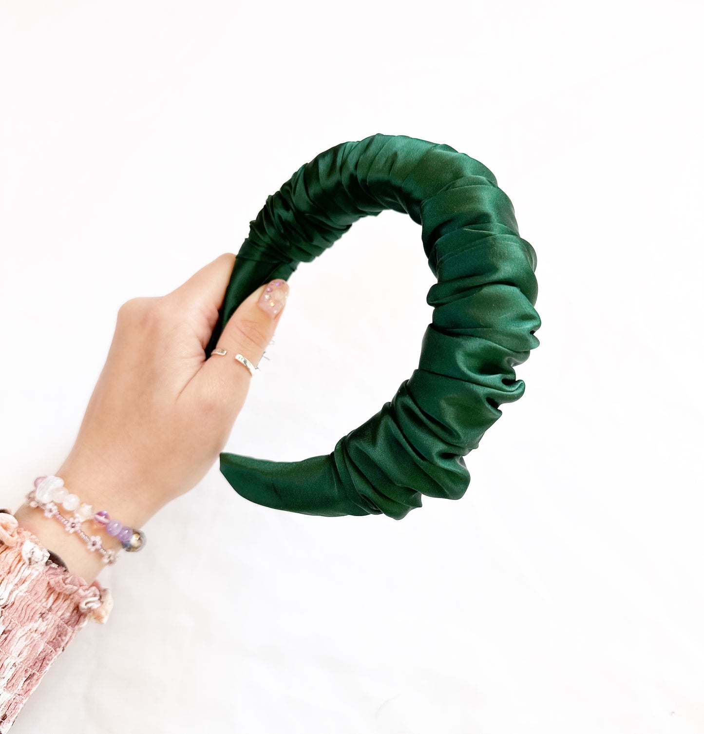 Ruffle Headband in hunter green silk