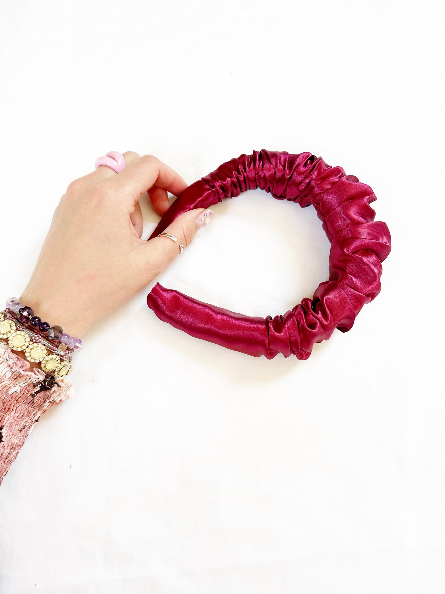 Ruffle Headband in burgundy silk