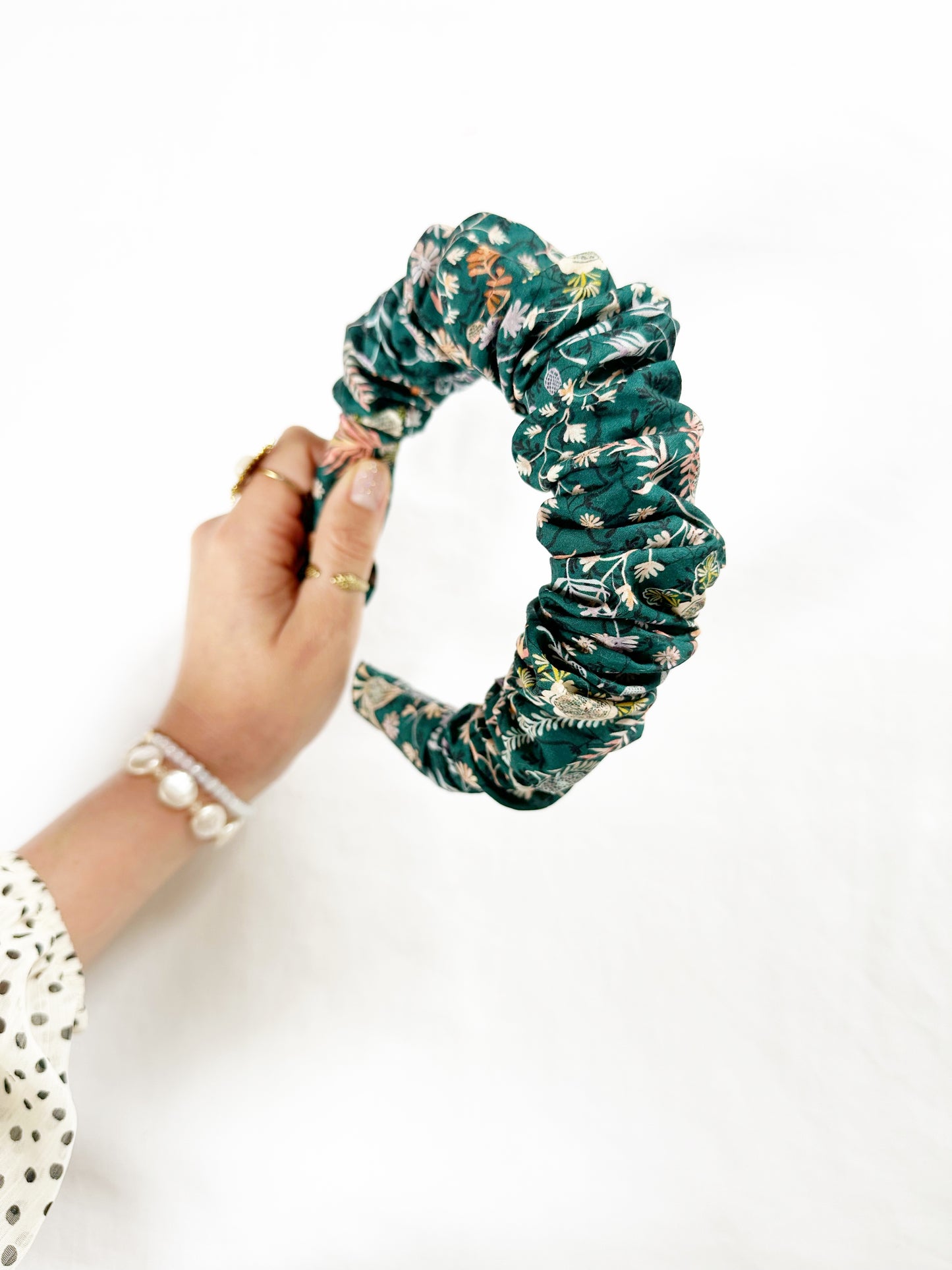 Liberty Ruffle Headband in dark teal floral