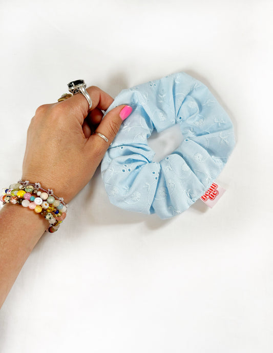 OG scrunchie in baby blue broderie