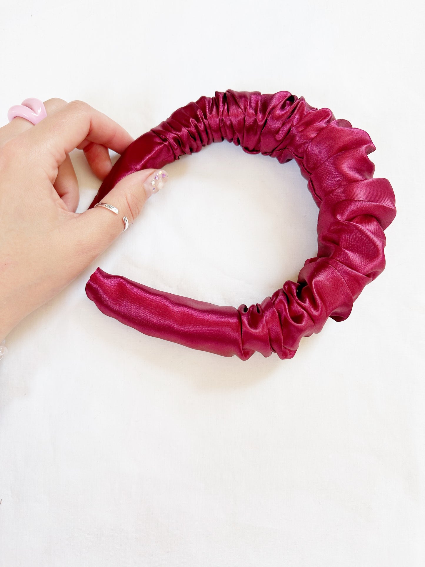 Ruffle Headband in burgundy silk