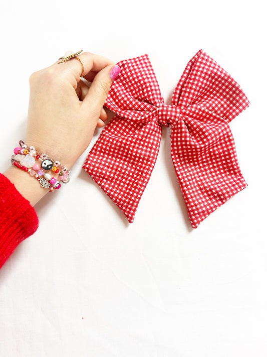 Beau hair bow in red & white gingham cotton