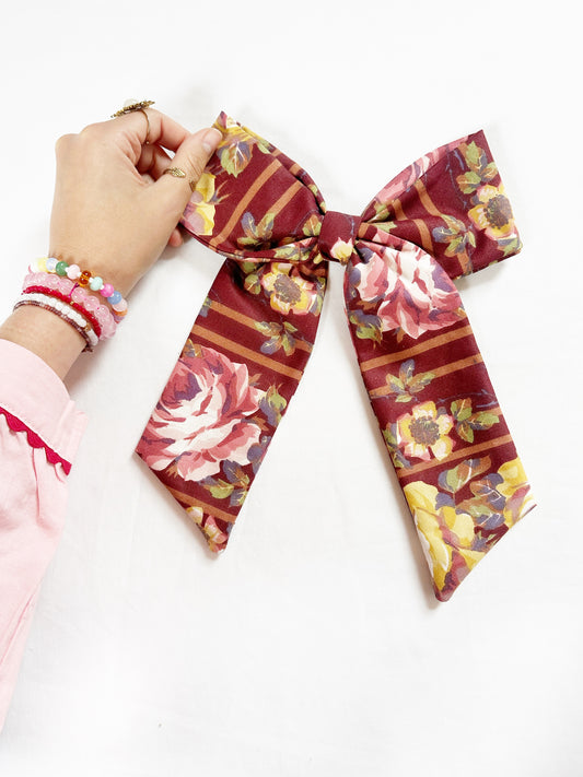 The Power Hair Bow in burgundy vintage floral