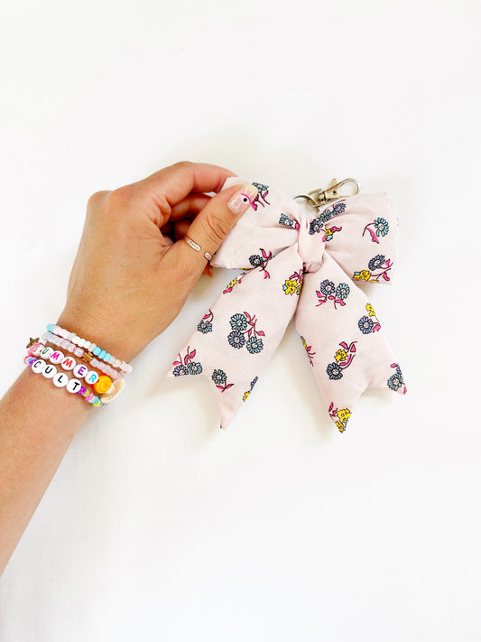 Puffy bow bag charm in pink floral