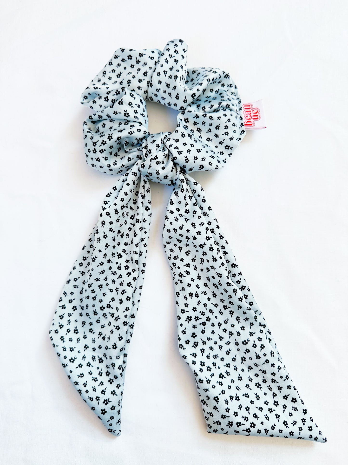 Dolly scarf scrunchie in pale blue floral, in mini or regular.