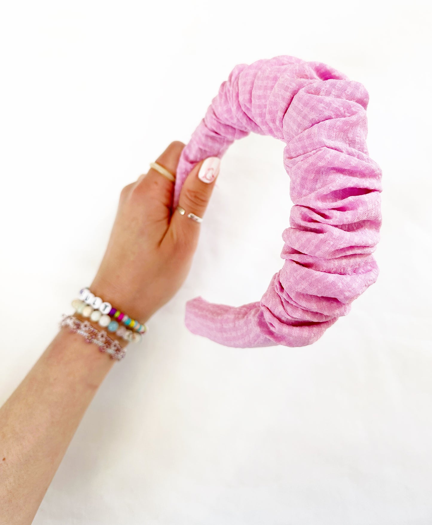 Ruffle Headband in pink seersucker gingham