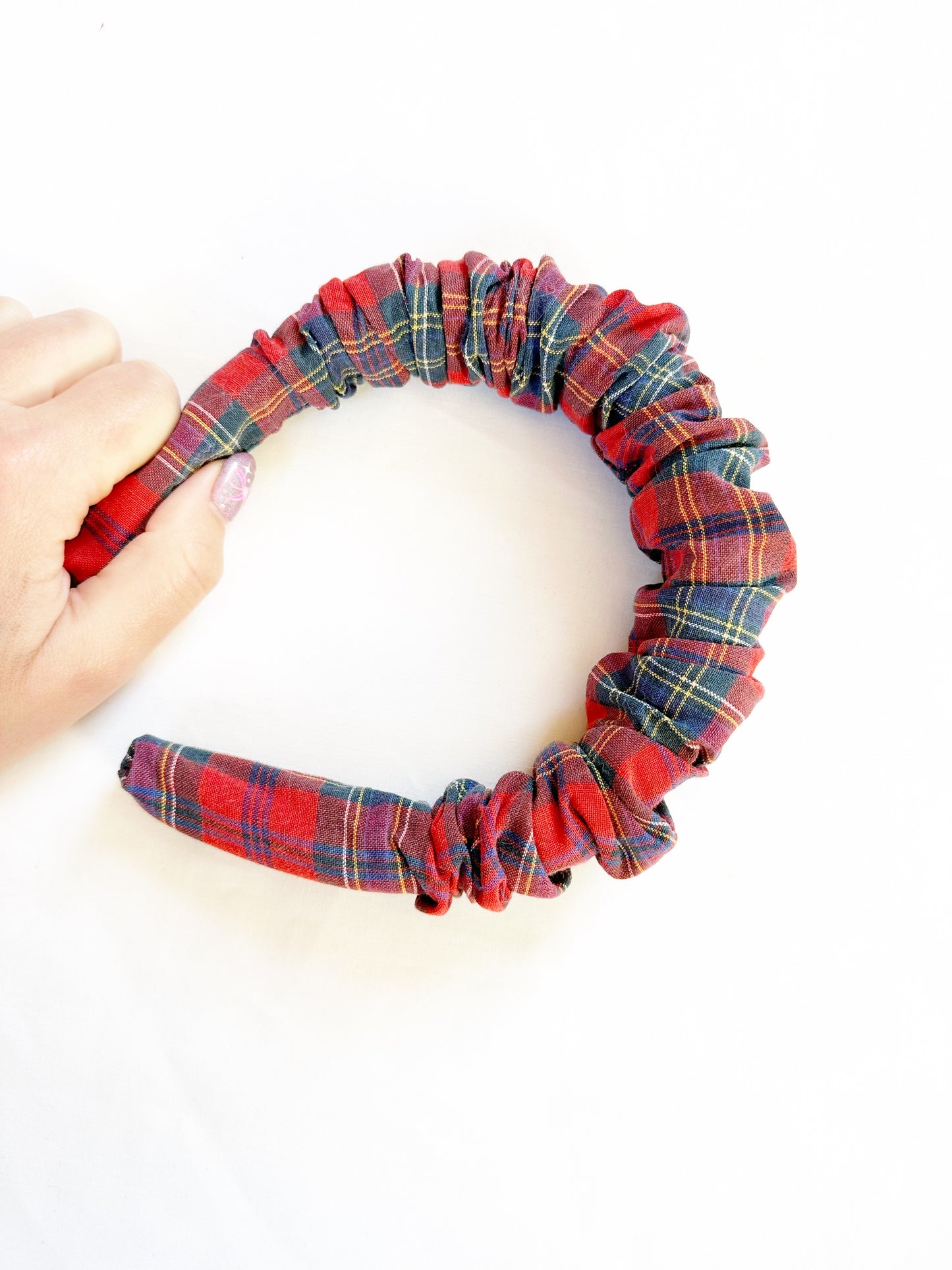 Ruffled Headband in red tartan cotton