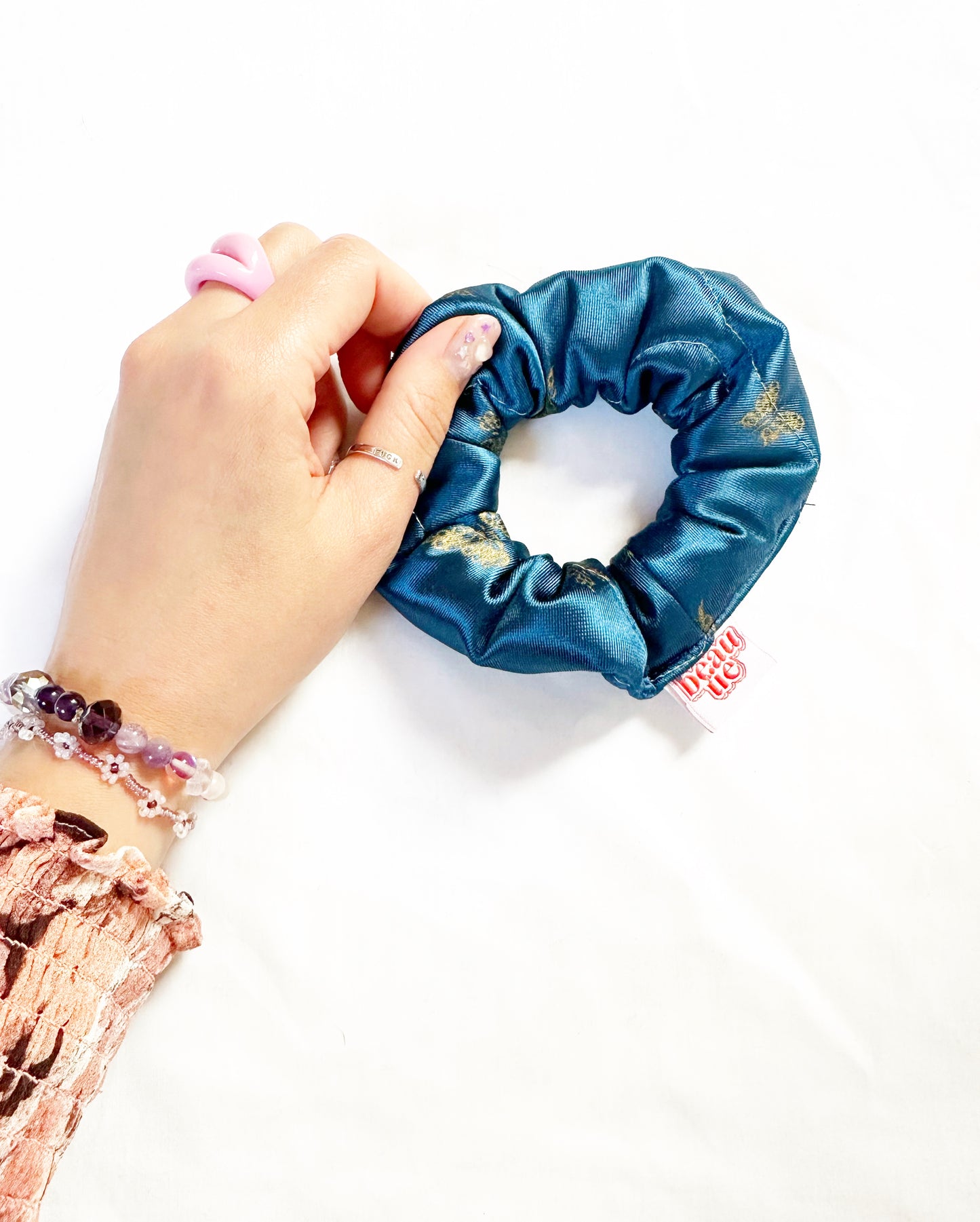 Mini scrunchie in quilted teal butterfly print