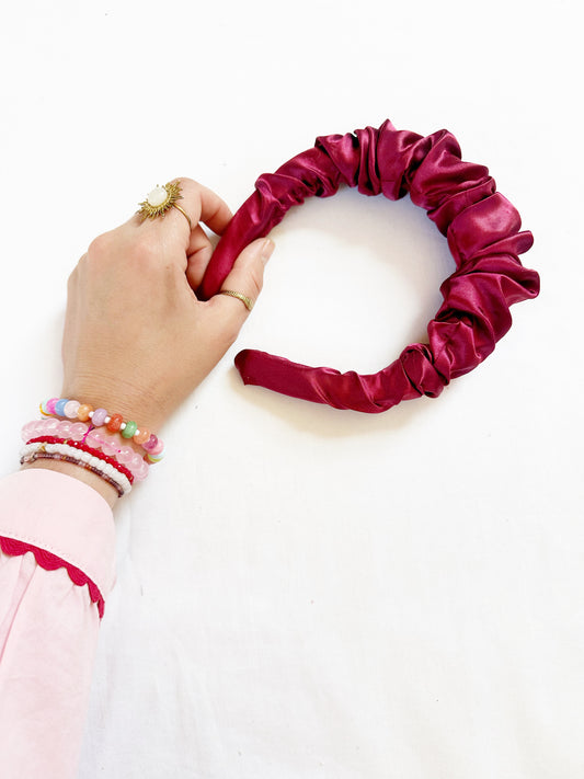 Ruffle Headband in burgundy silk