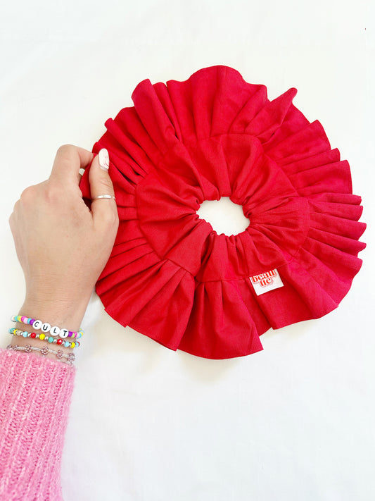Oversized frilly scrunchie in tomato red cotton