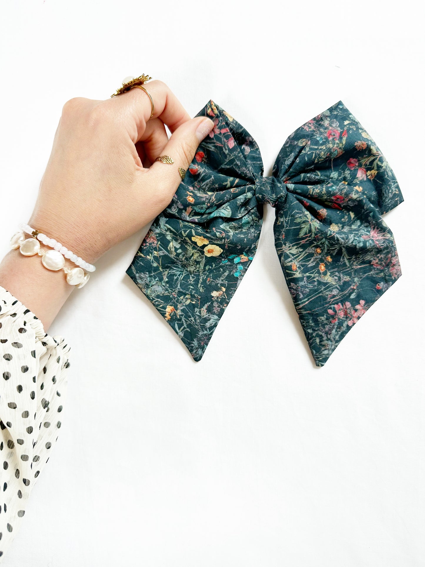 Liberty Beau hair bow in dark green wildflowers