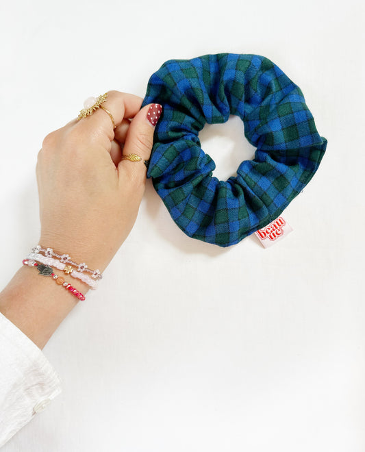 OG scrunchie in green and blue tartan