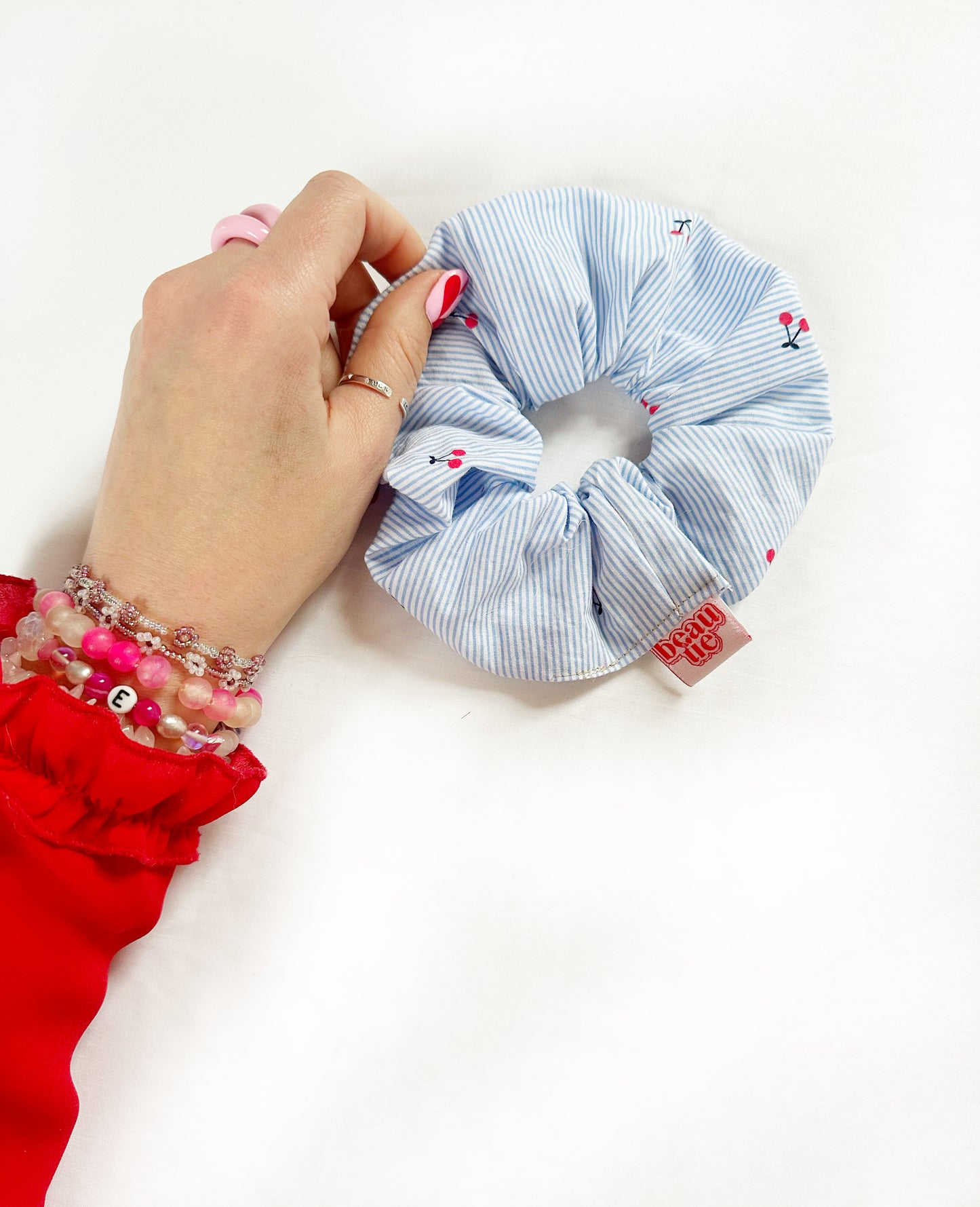 OG scrunchie in blue stripe cherry print