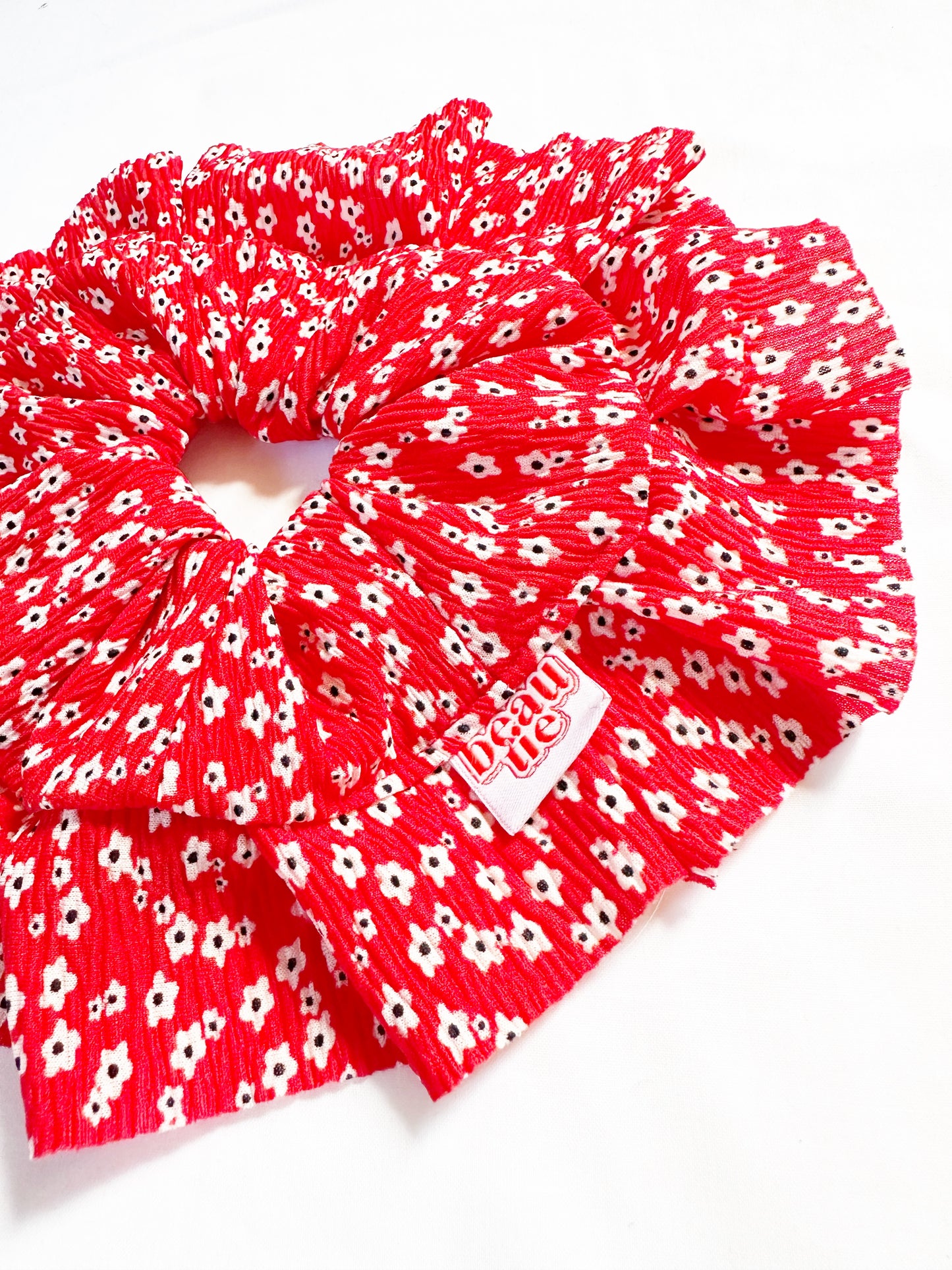 OG scrunchie in red floral ruffle