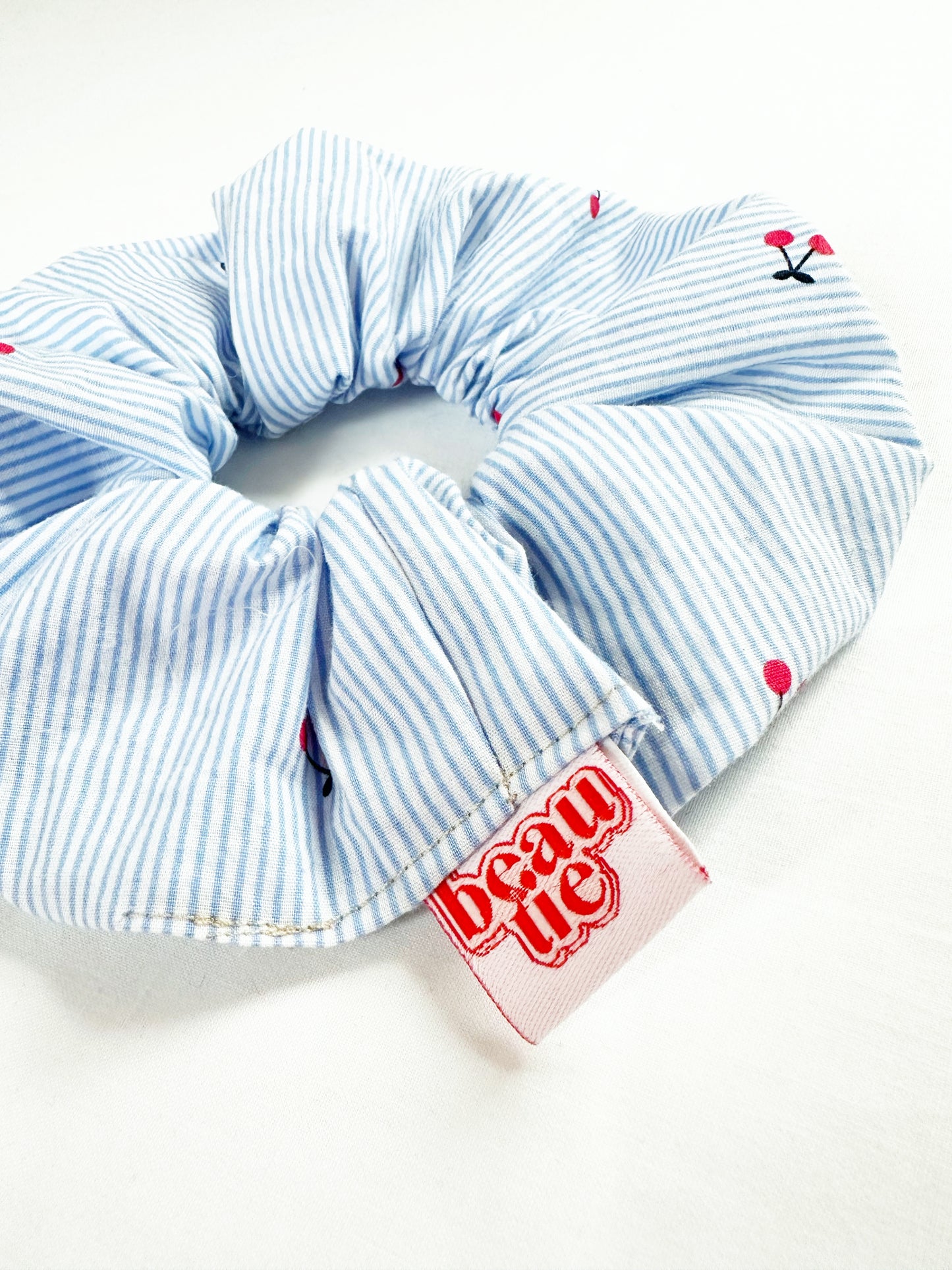 OG scrunchie in blue stripe cherry print