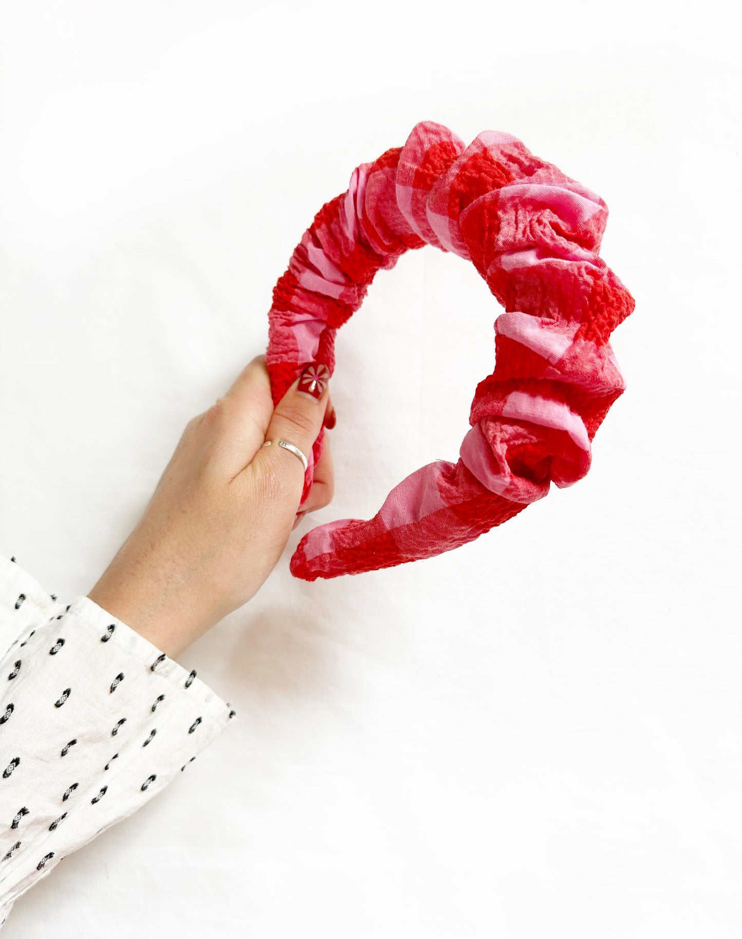 Ruffle Headband in pink & red gingham