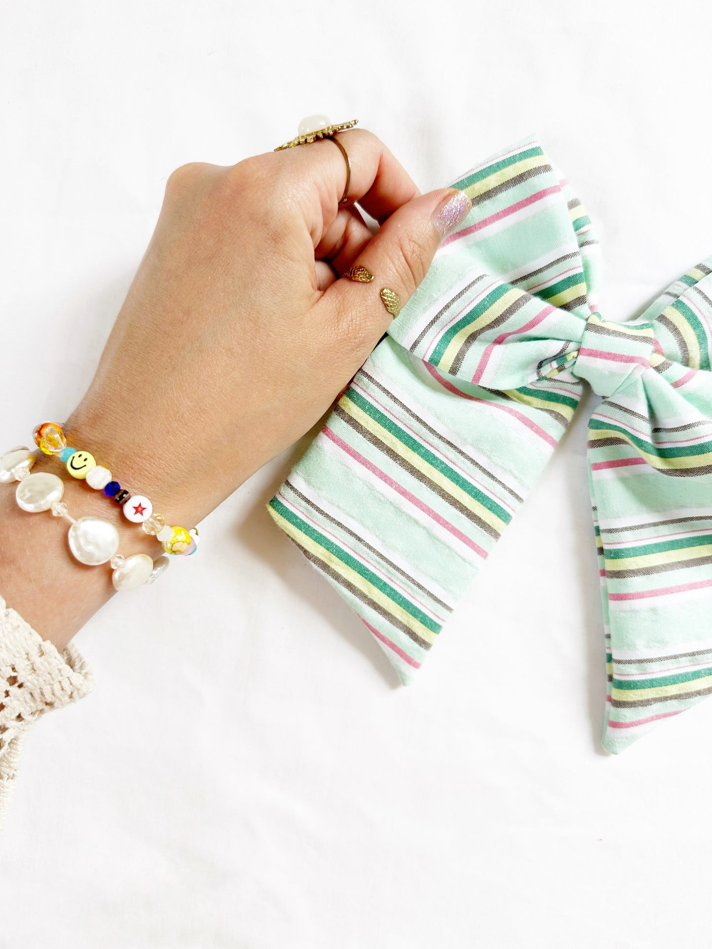 Beau hair bow in mint beach stripes