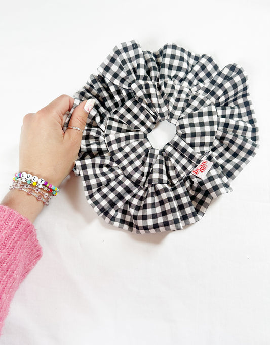 Oversized frilly scrunchie in monochrome black and white gingham
