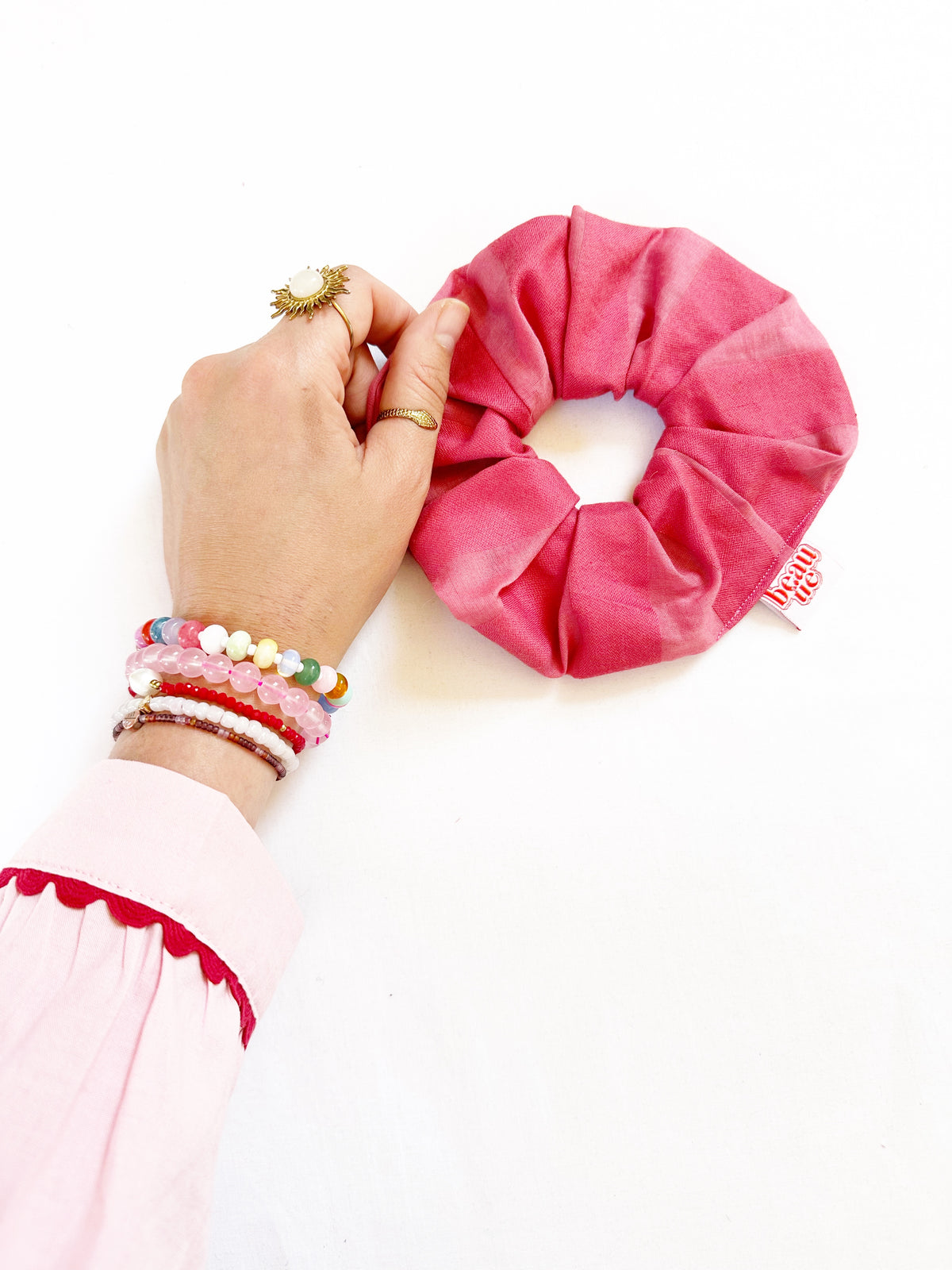 OG scrunchie in pink stripe cotton
