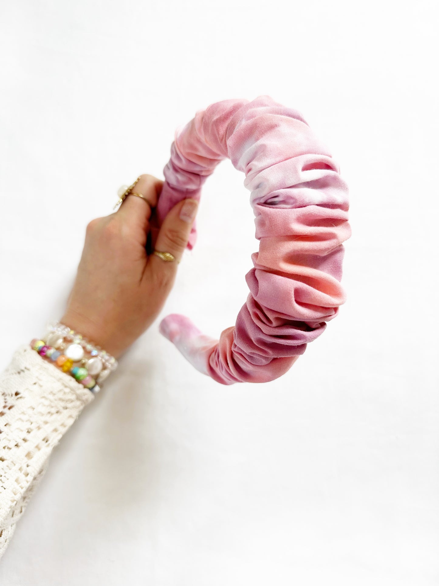 Ruffle Headband in pink tie dye cotton