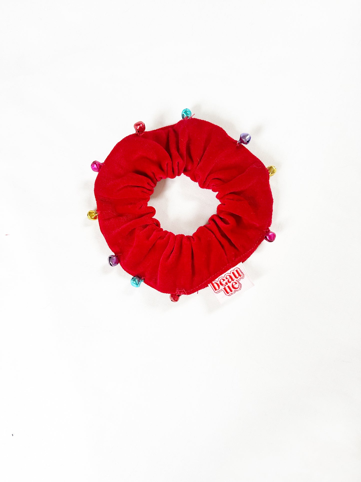 Mini scrunchie in red velvet with bells