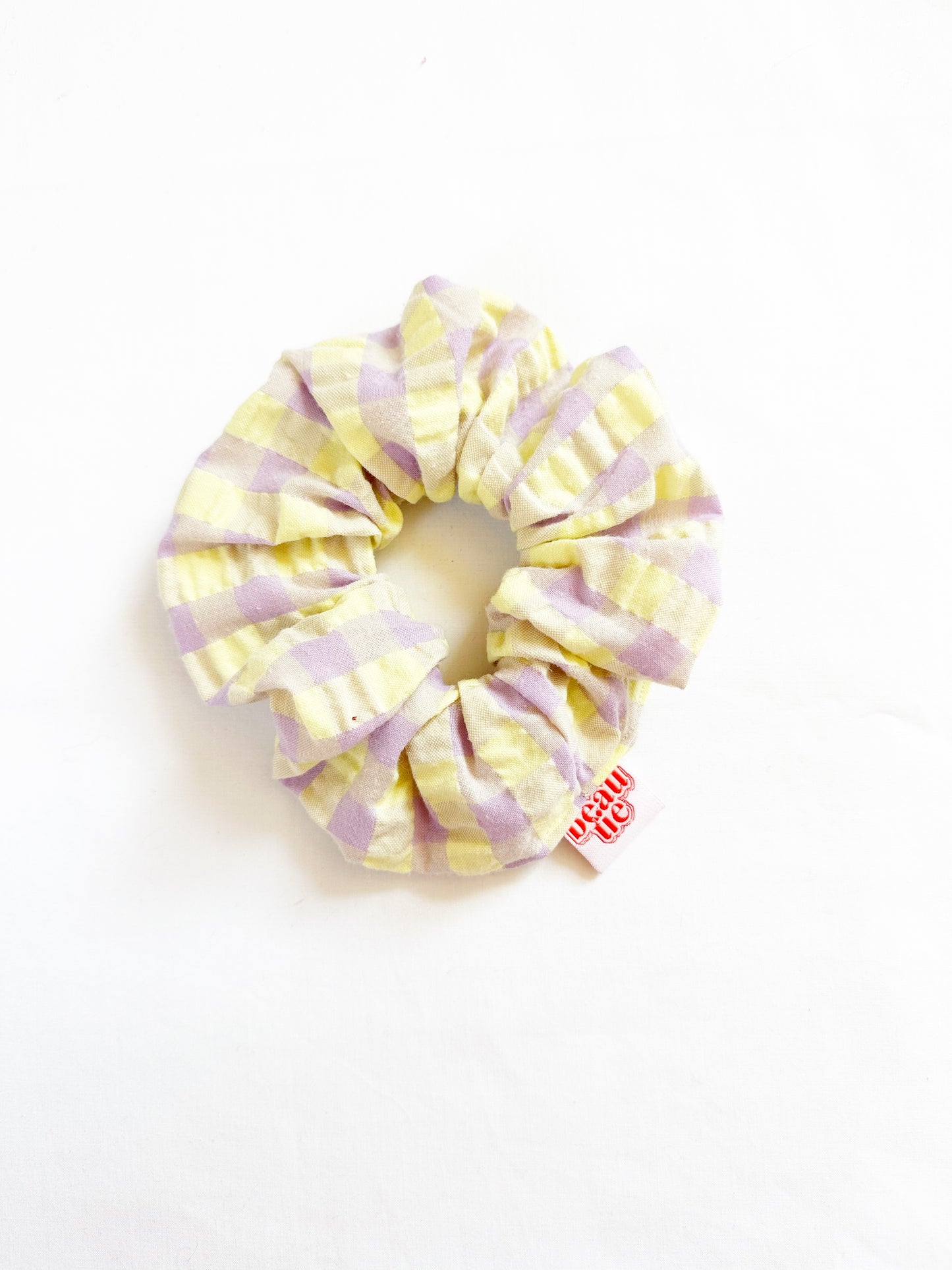 OG scrunchie in lilac and yellow gingham