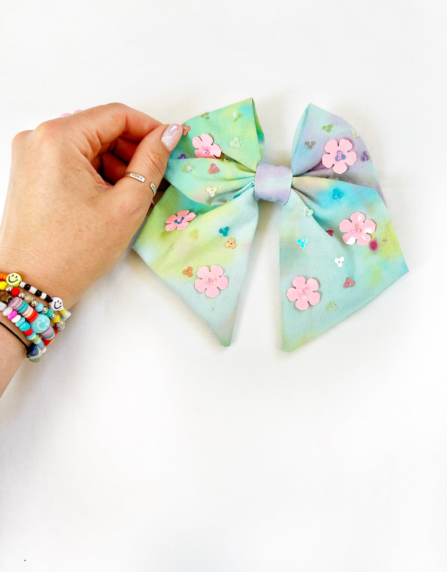 The Bloom - Hair Bow in tie dye with flower sequins