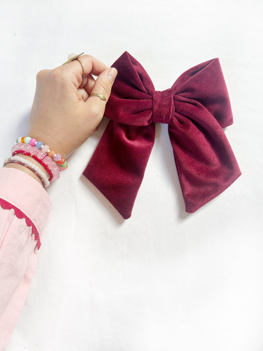 Beau hair bow in burgundy velvet