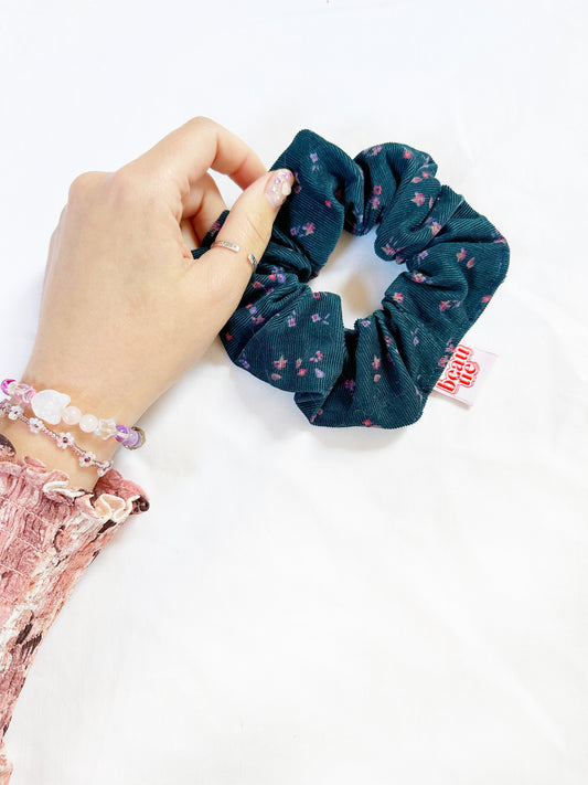 OG scrunchie in teal cord and pink floral