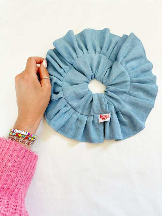 Oversized frilly scrunchie in blue denim