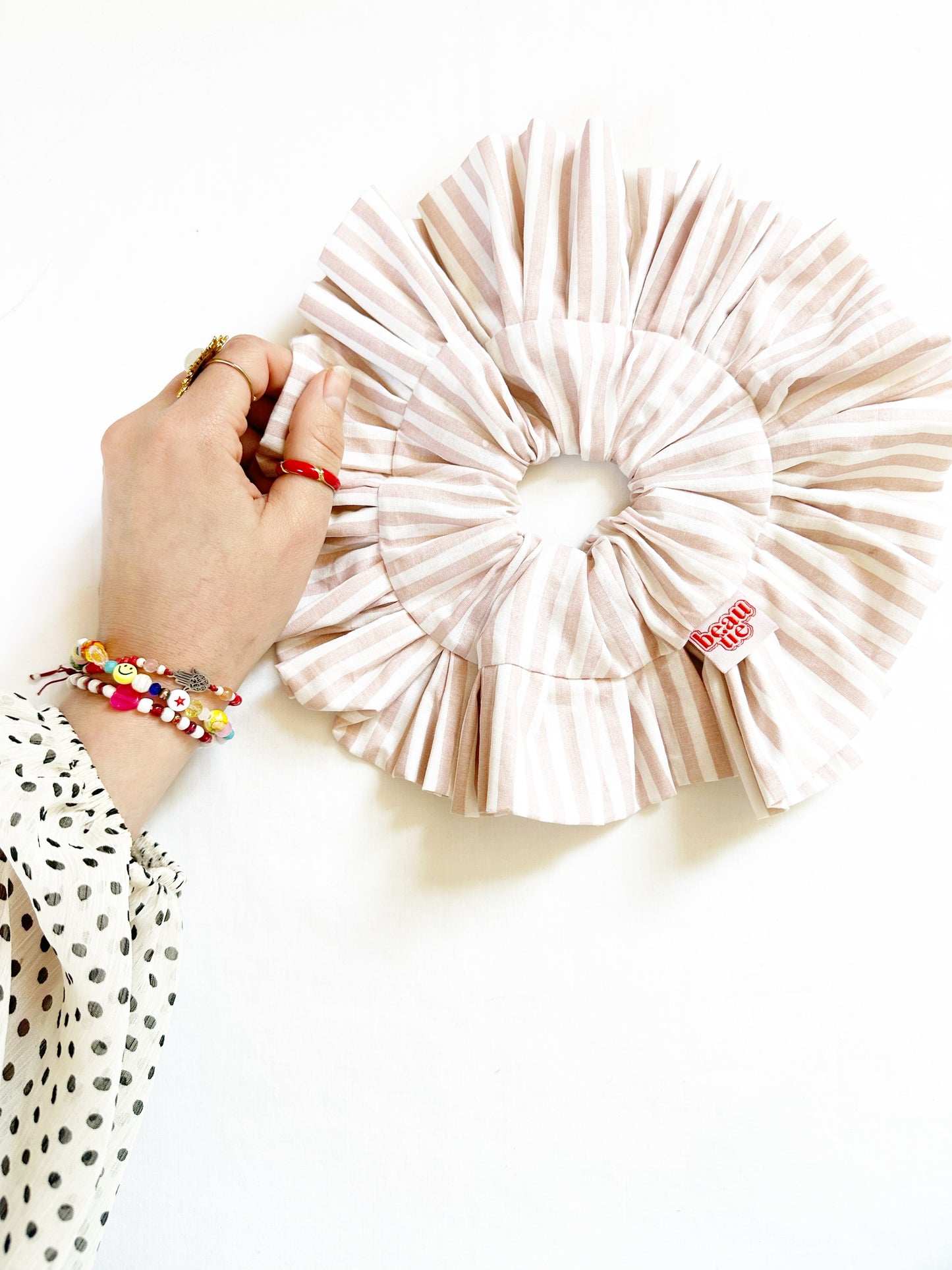 Frilly scrunchie in blush and white stripe