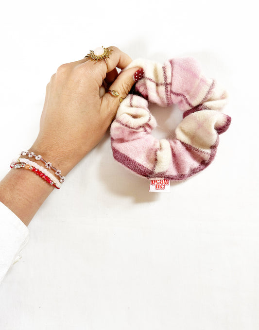 OG scrunchie in berry pink tartan wool