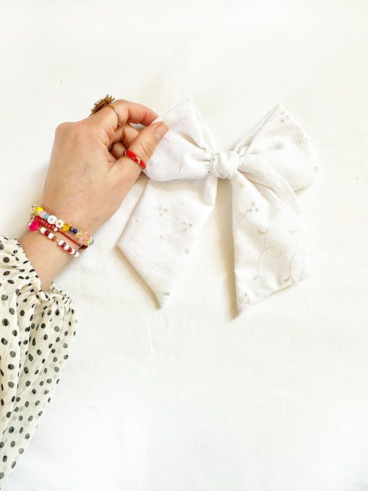 Beau hair bow in Broderie white cotton