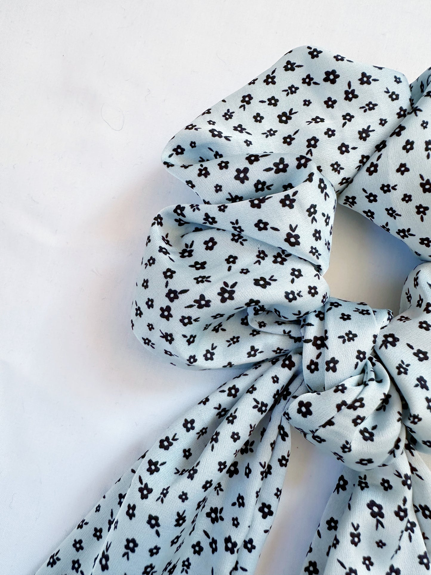 Dolly scarf scrunchie in pale blue floral, in mini or regular.