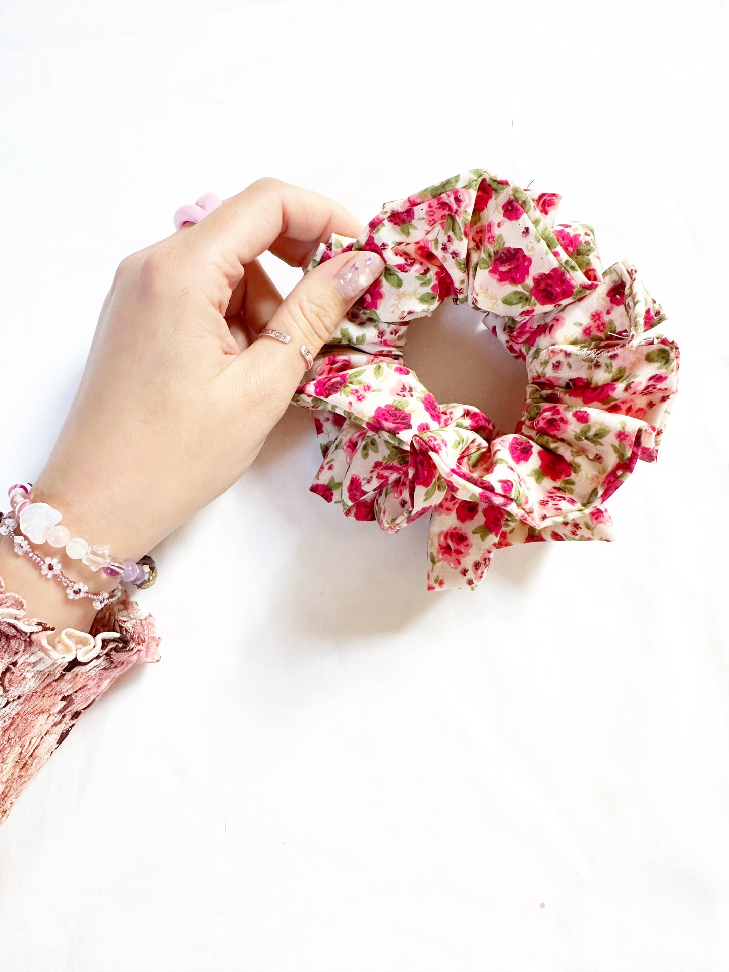 OG scrunchie in rose print ruffle